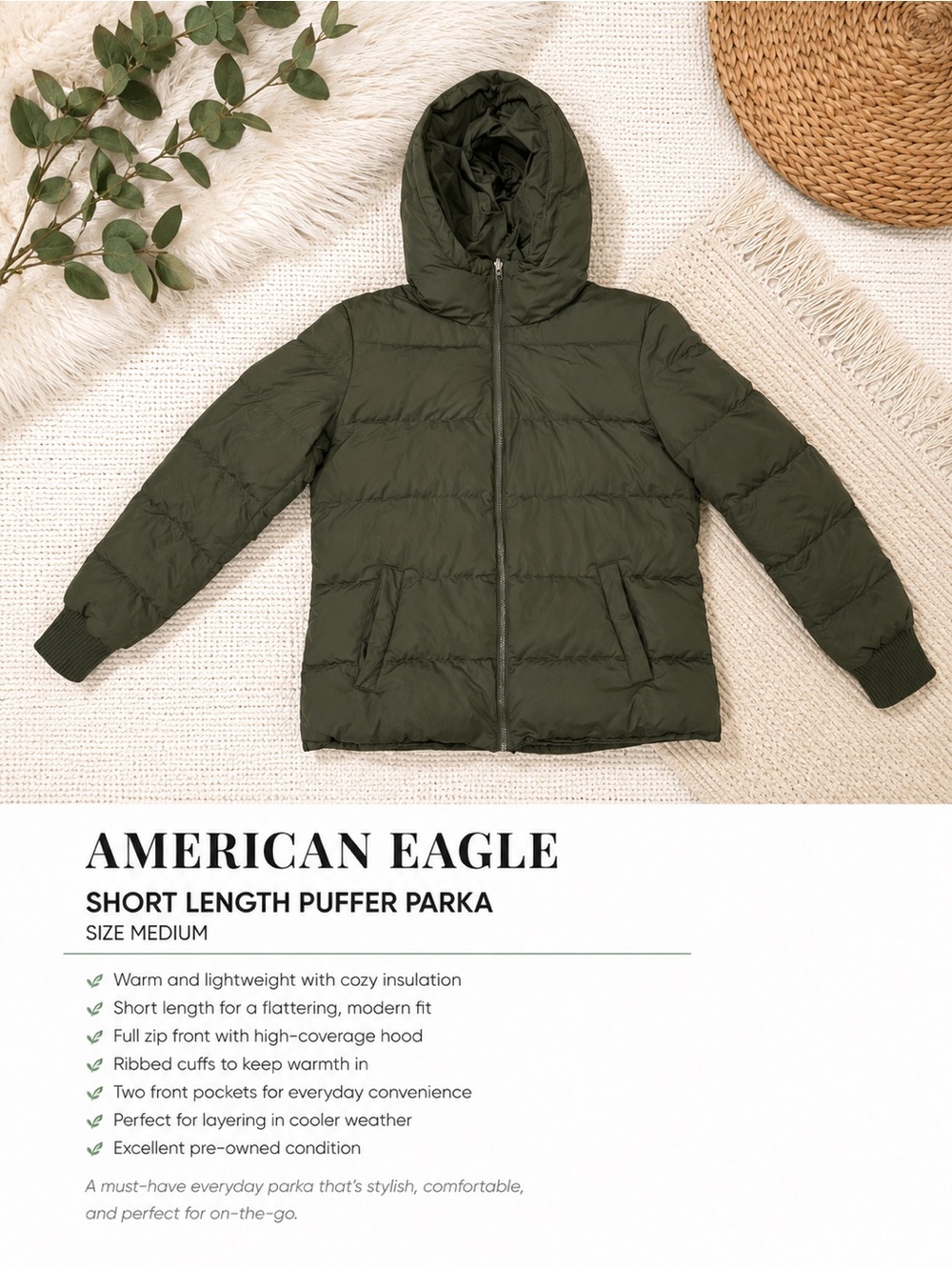 American Eagle Outfitters Olive Green Short Puffer Jacket with Hood
